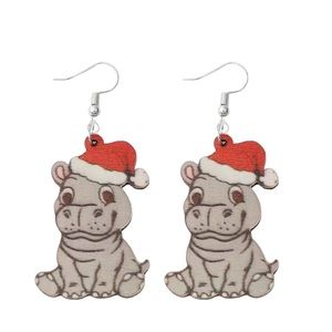 FLASH SALE!! Wooden Carton Hippo Christmas Drop Earrings